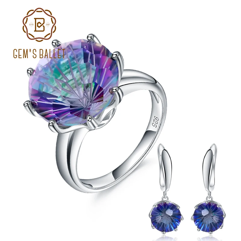 GEM'S BALLET Natural Rainbow Mystic Quartz Gemstone Set 925 Sterling Silver Ring Earrings Jewelry Set For Women Wedding Jewelry