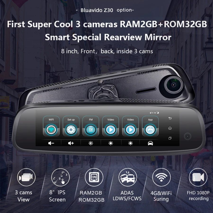 Зеркало видеорегистратор Bluavido Android 5 1 2 Гб + 32 ГБ ADAS IPS 3 камеры GPS Wi Fi Bluetooth FHD