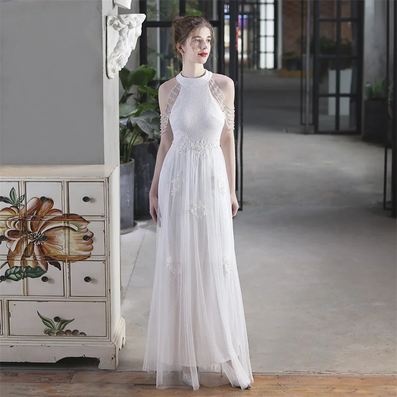 

White Dresses Tulle Long Gown Glitter Sequin Party Dress Halter Neck Beading Formal Gown Sparkle Women Dress