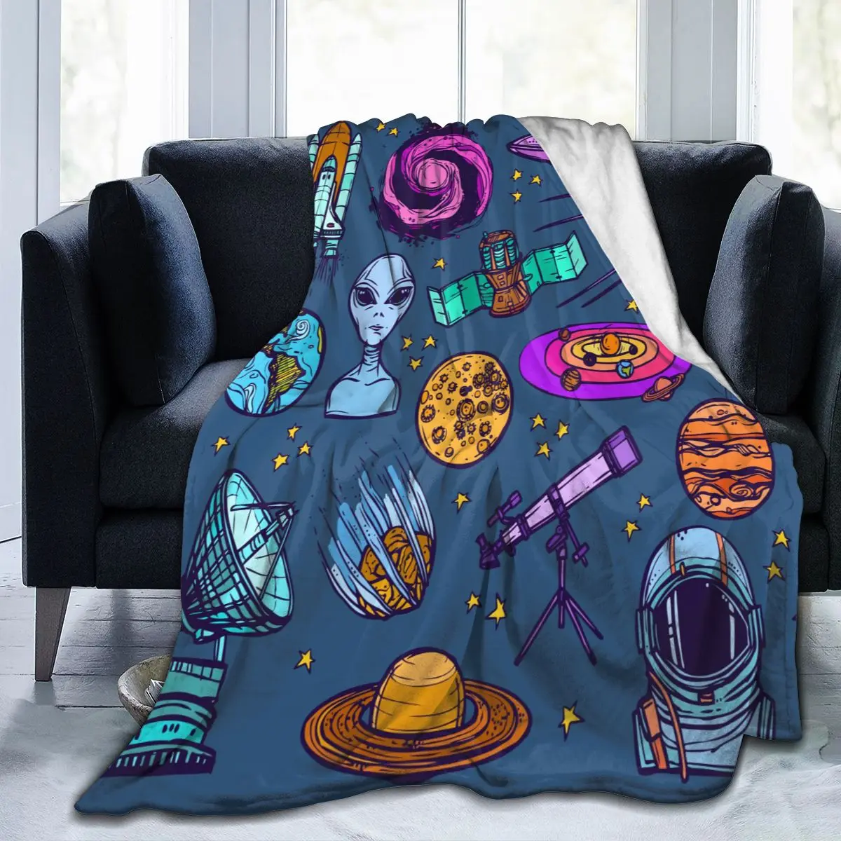 

Flannel Blanket Space Sketch Light Thin Mechanical Wash Warm Soft Blankets Throw on Sofa Bed Travel Patchwork