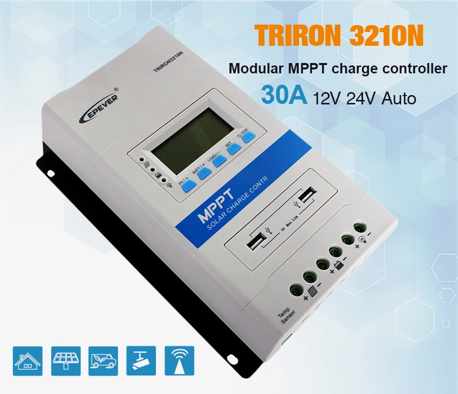 EPEVER TRIRON MPPT 30A контроллер солнечного заряда 12 В 24 В Авто черный свет ЖК модульный солнечный регулятор отрицательная заземление
