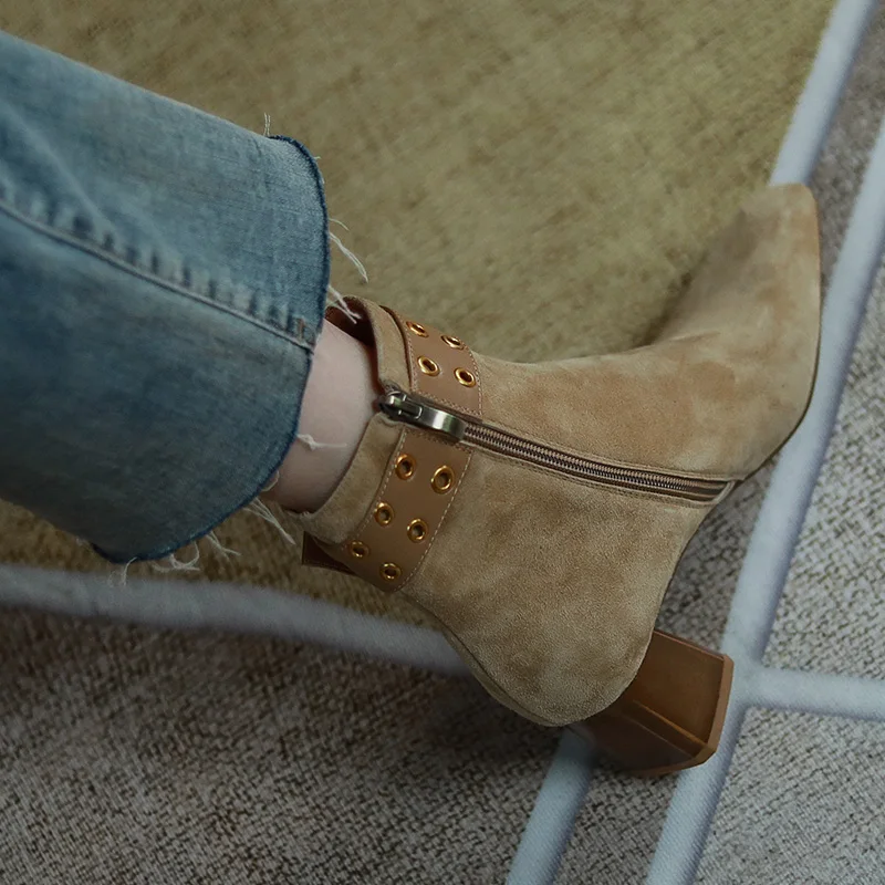 

Women's natural suede leather thick high heel autumn ankle boots metal buckle top quality short booties square toe elegant shoes
