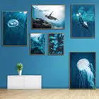 Плакат с морским пейзажем, подводный мир, плакат с дельфином, Медузой, черепахой, настенная живопись, скандинавские плакаты и печать, Картина Настенная