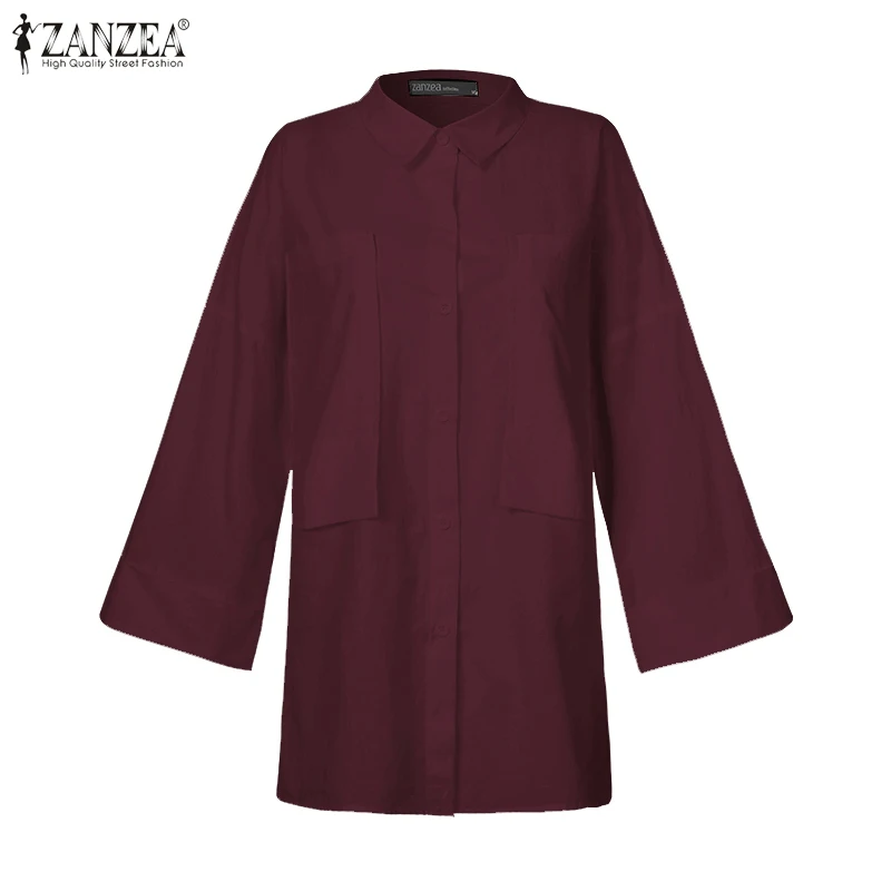 

2021 Vintage Retro Women's Blouse ZANZEA Spring Casual Solid Pockets Shirts Oversize Female Stand Collar Top Office Ladies Shirt