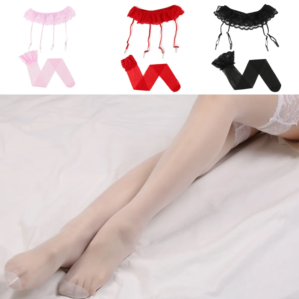 

New 1's sexy girly fashion set soft upper thigh-high socks + suspend garter belt Summer lady black stocking set