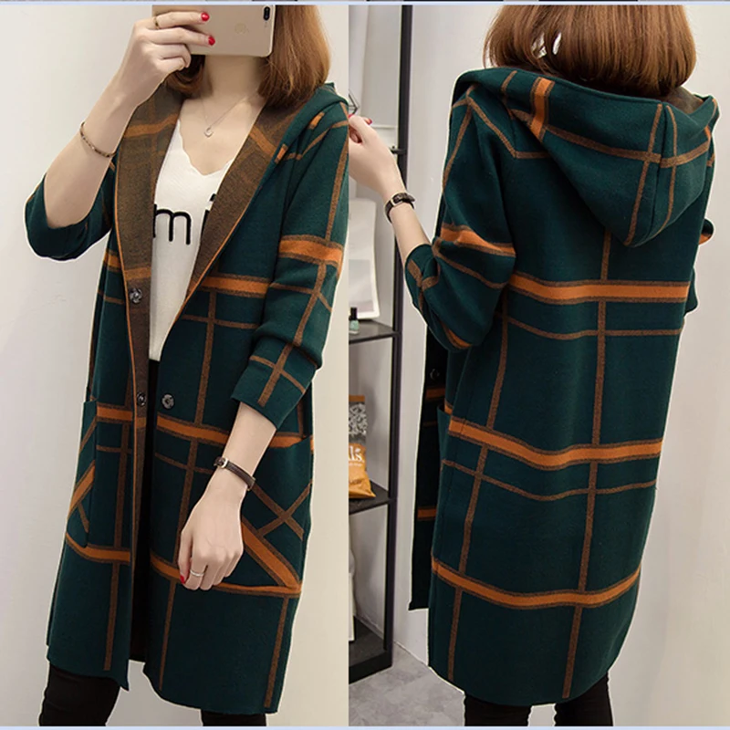 2020 осенний длинный свитер пальто женский рукав с капюшоном клетчатый тонкий