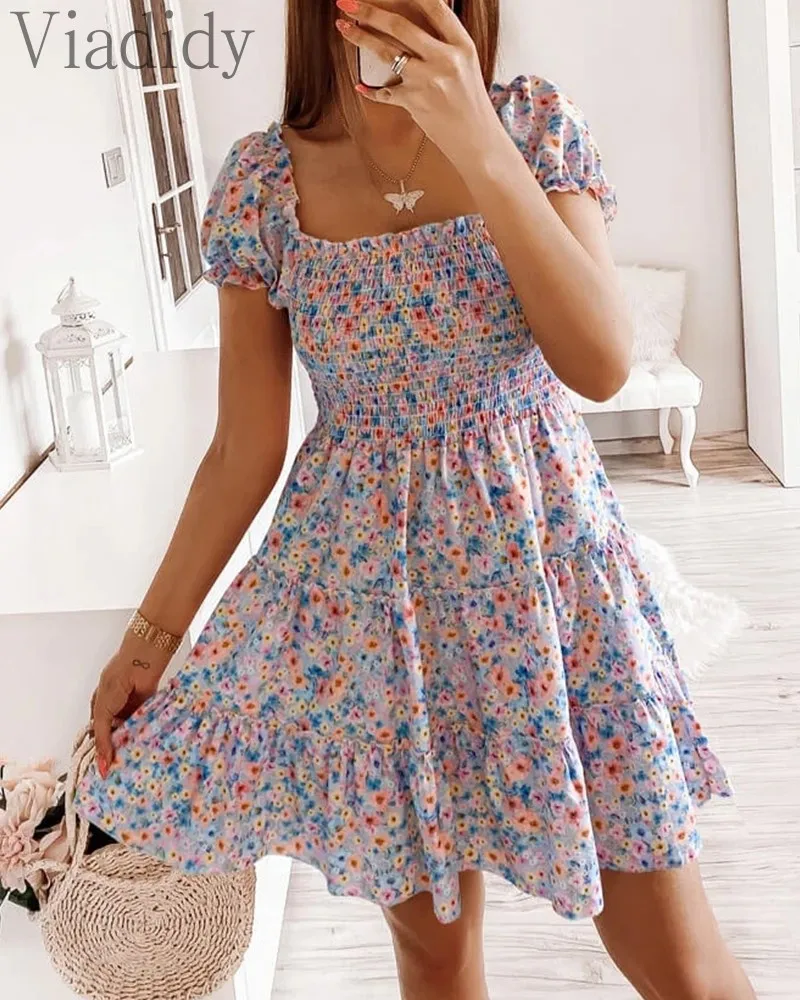 

Women Casual Floral Print Shirred Ruffle Design Dress