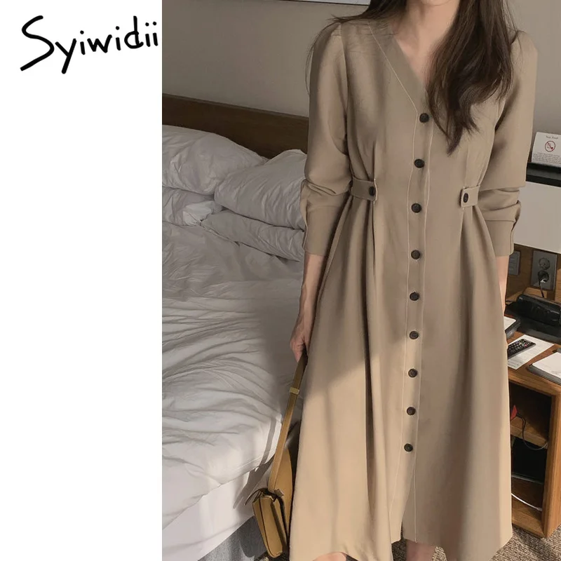 Платье-миди женское на пуговицах с длинным рукавом зимнее 2021 | Женская одежда