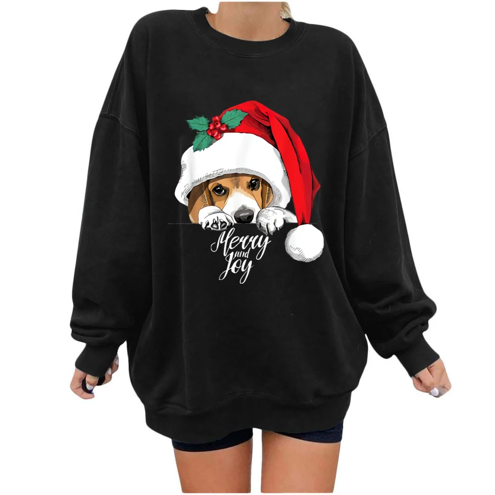 

Beagle Dog In A Big Santa's Cap and With A Holly Berry Sweatshirt Merry Christmas Long Sleeves Funny Xmas Top Sweatshirt
