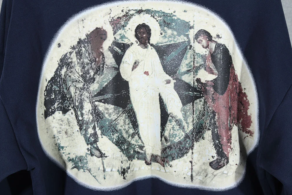 

20AW Kanye West Chicago Religious Paintin Foaming Print Pullove Oversized Hip-hop Kanye Sweatshirt Men Women Couples Crewneck