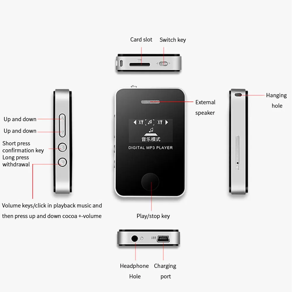 16 Гб ЖК-экран MP3-плеер Hands Free Спортивная аккумуляторная поддержка мини-карта флэш памяти TF USB портативная HIFI музыкальная система с зажимом аудио с динамиком