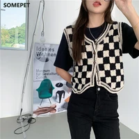 vintage plaid knitted vest women autumn new cropped sweater outwear all match fashion sleeveless cardigan korean