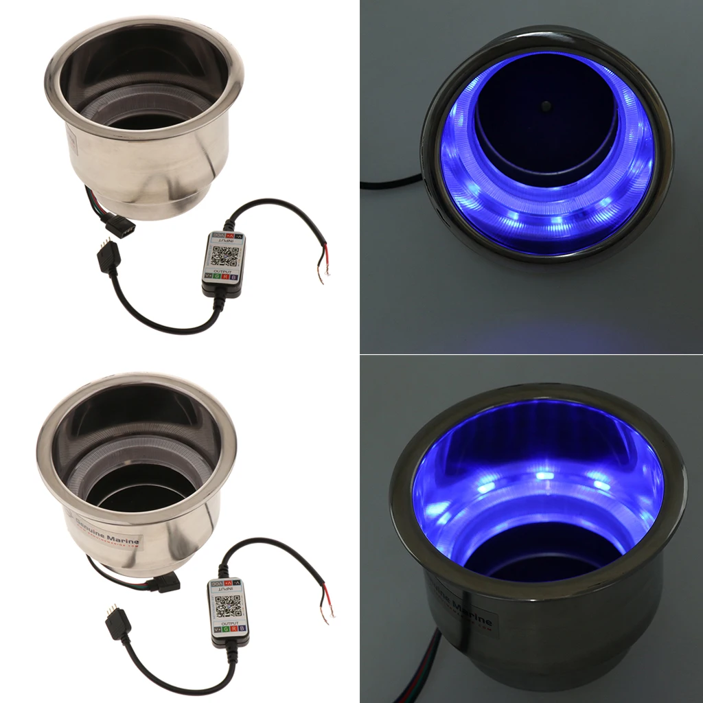 

2x Blue 3 LED Stainless Steel Cup Drink Holder With Drain For Boat Marine RV