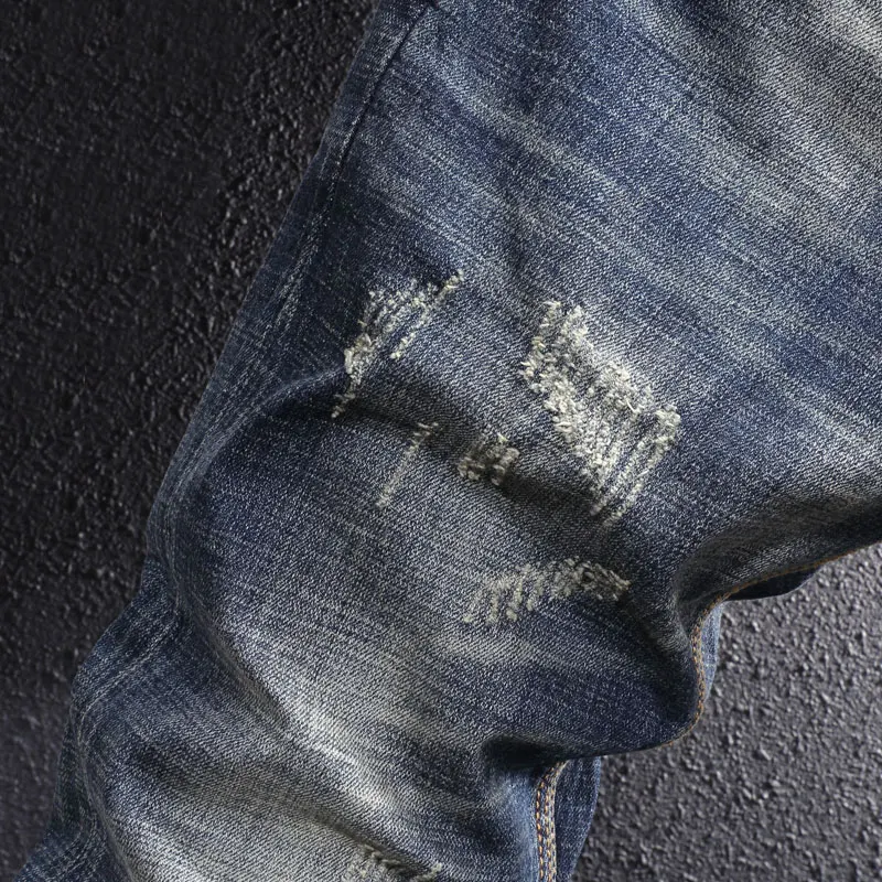 European Vintage Fashion Men Jeans Retro Blue Elastic Slim Fit Ripped Jeans Men Distressed Frayed Hole Casual Cotton Denim Pants