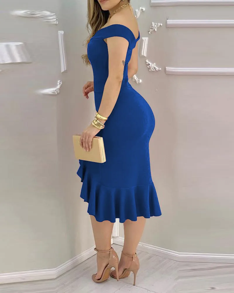 

CHRONSTYLE2021 New Elegant Women Short Sleeve Ruffles Dress Fashion Solid Off Shoulder High Waist Skinny Split Mid-length Dress