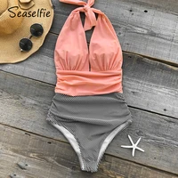 seaselfie sexy pink and stripe halter deep v neck one piece swimsuit women padded monokini 2021 beach bathing suit swimwear