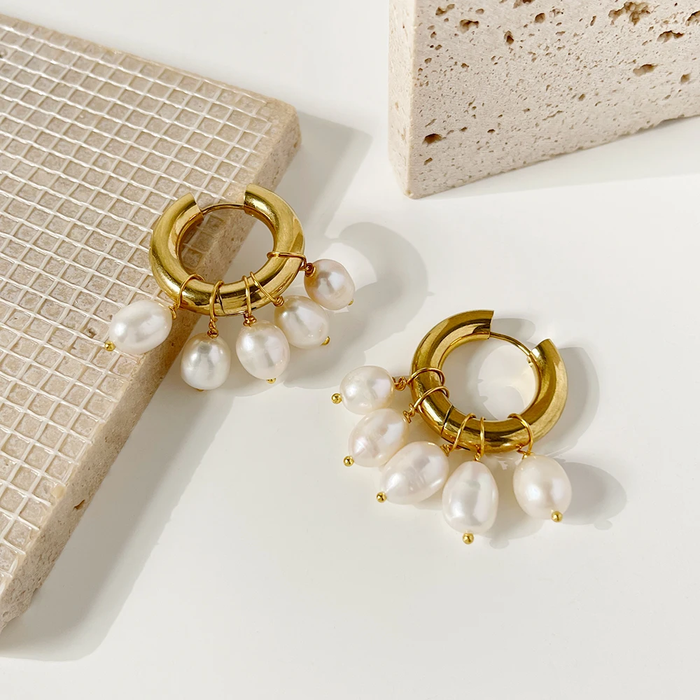 

Monlansher Geometric Round Hoop Earrings Gold Color Titanium Steel Freshwater Pearl Earrings for Women Classy Earrings Jewelry