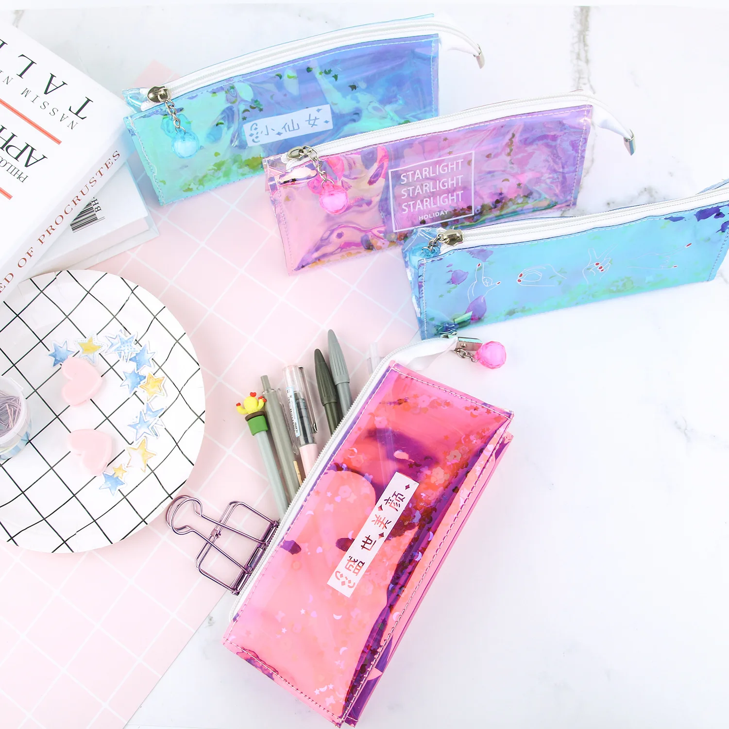 Корейский лазерный Прозрачный чехол для карандашей блестящий с песком маленький