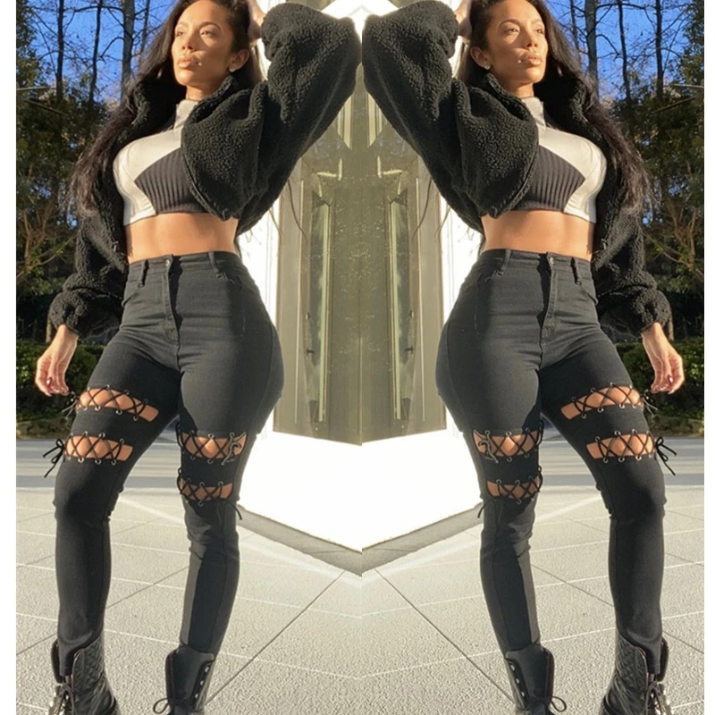 

2021 New Fashion Women Lace Up Jeans Sexy Hole Hollow Out High Waist Skinny Denim Pants Casual Pencil Trousers Size S-XXL