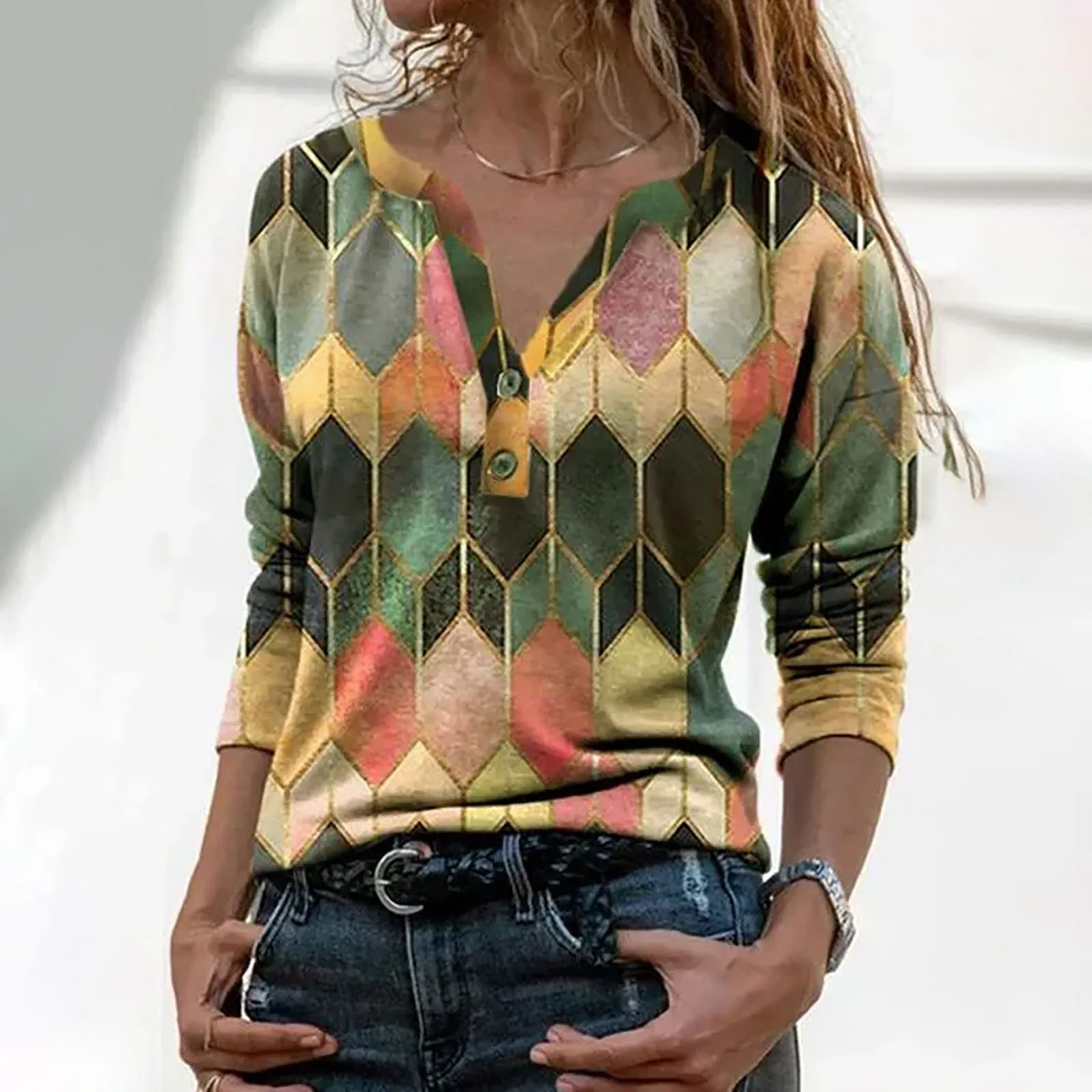 

Women Blouses Tops 2021 Fashion Ladies Lapel Geometric Print Button Hoodies Long Sleeve Casual Blouse Top Fashion Female Jumper