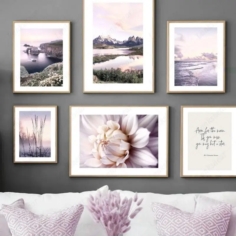 

Nordic Poster Mountains Calm Lake Purple Dahlia Flower Waves Grass Wall Art Print Canvas Painting Pictures for Living Room Decor