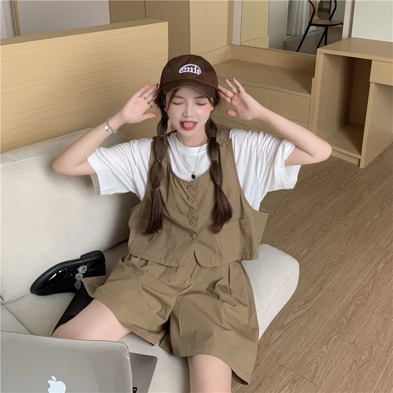

6241 Summer Women Shorts Suit Fashion Sleeveless Vest Top High Waist Short Pants Loose Casual Button Pocket Simple Two-Piece Set