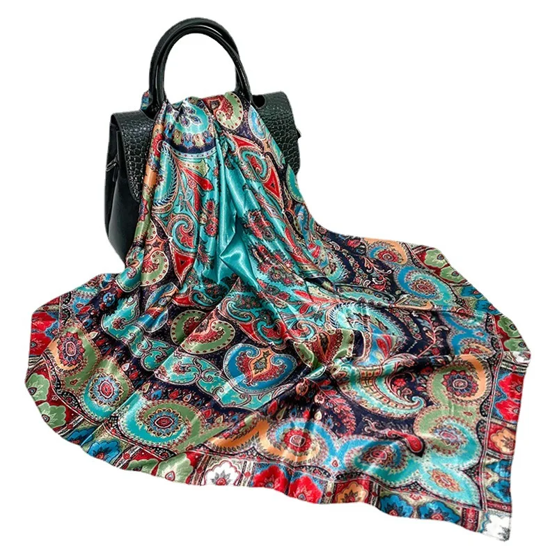 

Women's Artificial Silk Scarf Large Kerchief 90cm Closed Toe Shawl Paisley Printed Custom Satin Scarf Head Cover for Women