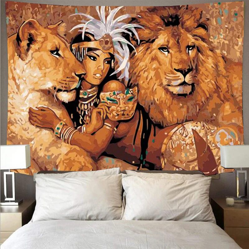 

Oil Painting Art Printing Tapestry Beauty Beast Lion Wolf Tapestry Psychedelic Wall Hanging Beach Towel Polyester Yoga Mat Tapis