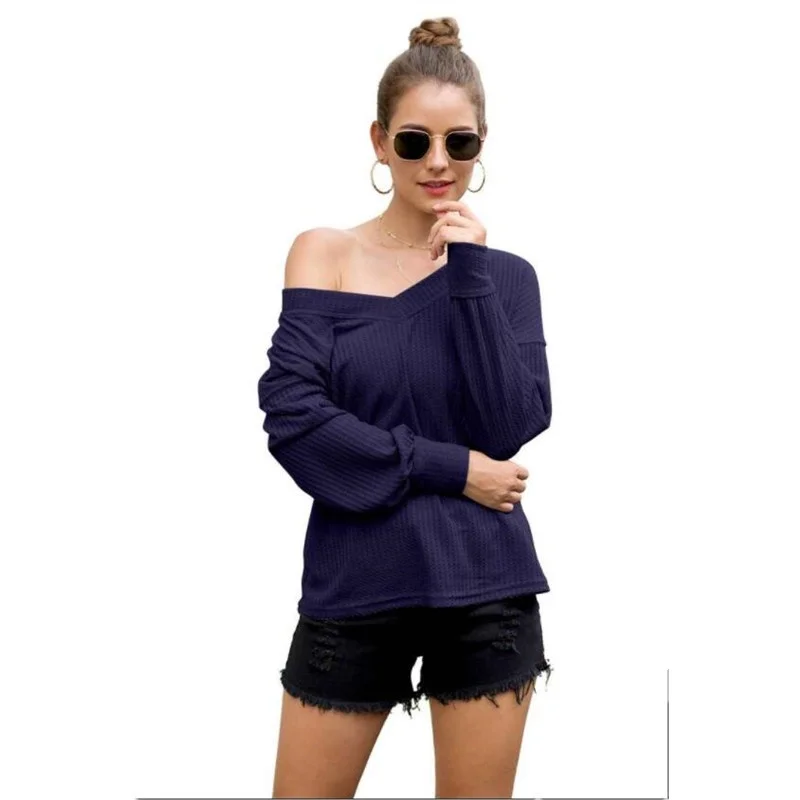 Модные женские футболки осень 2019 новинка длинный рукав с открытыми плечами v