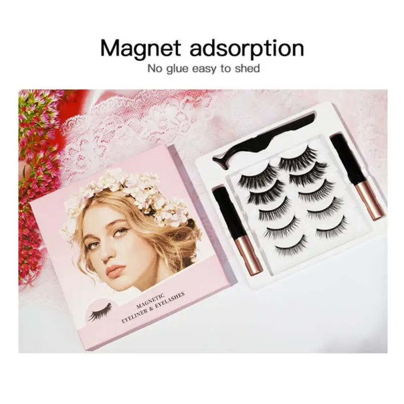 5 Pairs Magnetic Eyelashes Natural Mink Thick Waterproof Waterproof Magnetic Eyeliner And Tweezers Makeup Extension Tools TSLM1