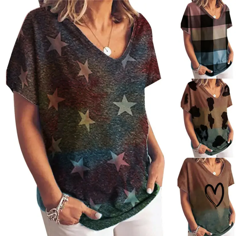 

Women Tshirts V Neck Short Sleeve Summer Female Clothing Gradient Loose T-Shirts Lady Printed Casual Summer Tops