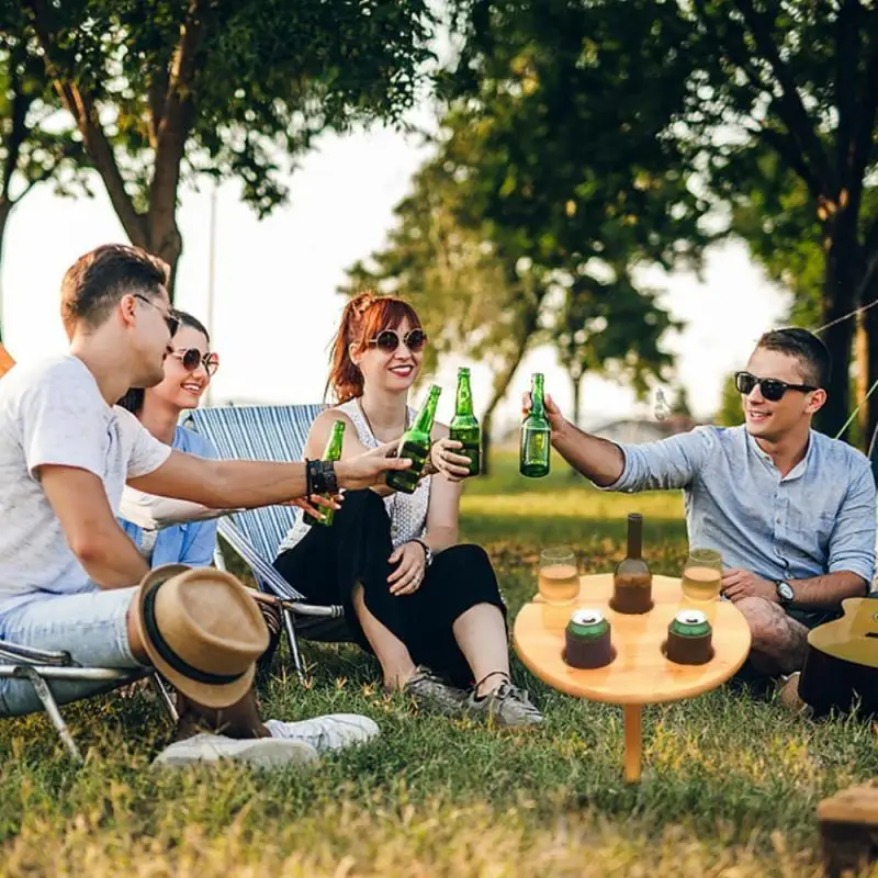 

Outdoor Wine Table With Foldable Round Desktop Mini Wooden Picnic Table Easy To Carry Wine Rack Travel Beach Garden Furniture