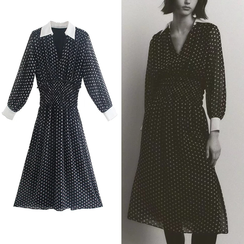 

Женское платье в горошек ZA, элегантное праздничное платье-трапеция до середины икры с отложным воротником и длинным рукавом, наряды для вес...