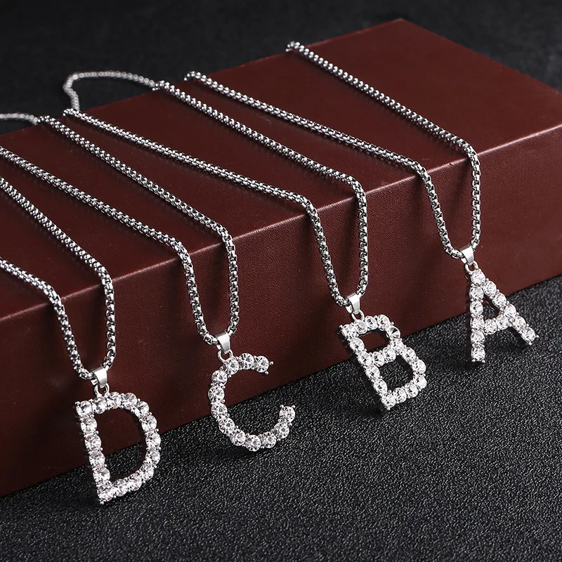 

26pcs/set Wholesale Trendy Crystal 26A-Z Letter Pendant Necklace for Women Shiny Rhinestone Chain Statement Jewelry Gift In Bulk