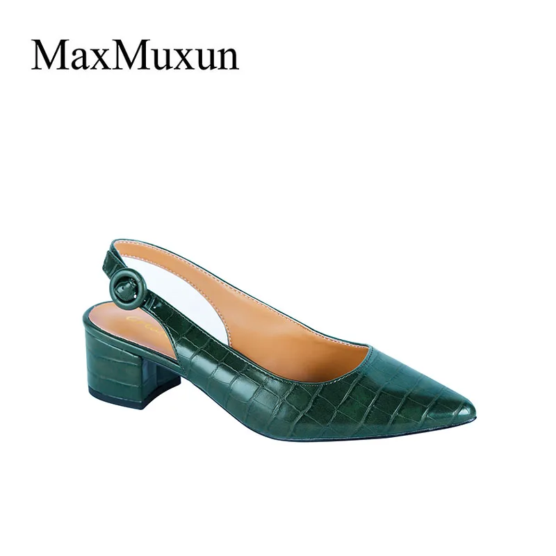 green MaxMuxun Женщины Sexy Slingback острым носом туфли на высоком каблуке Блестящий каблук Кроко-эффект Летние платья - Цвет: green