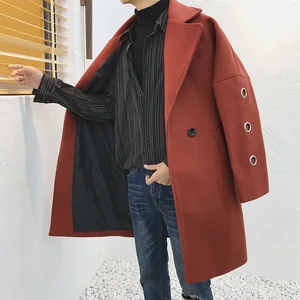 Новинка Осень-зима 2019, мужское свободное шерстяное пальто, модная повседневная однотонная ветровка средней длины, красная женская куртка