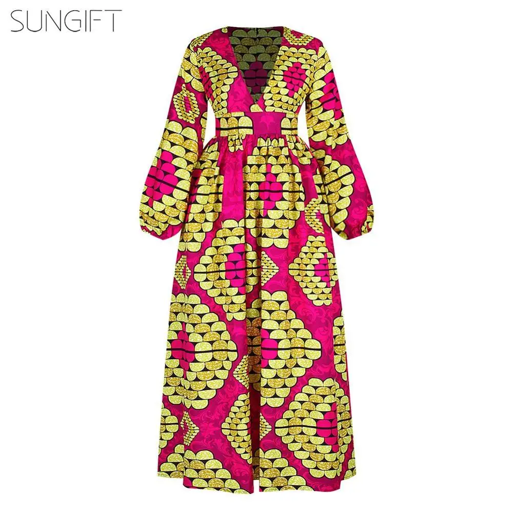 SUNGIFT 2019 Женская африканская одежда Дашики Платье с v-образным вырезом пышным