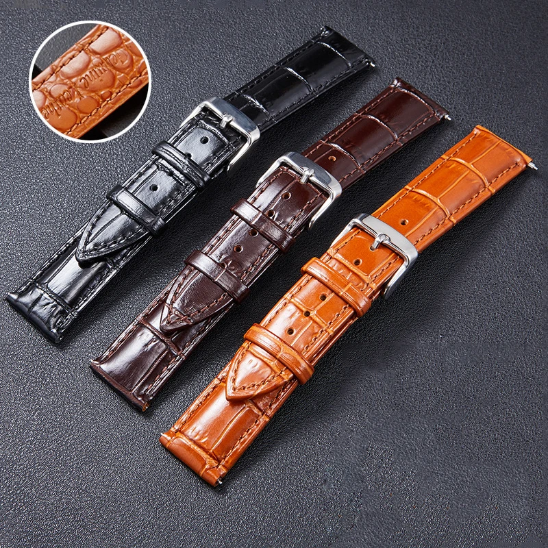 

Solid Leather Watch Wristband 18mm 19mm 20mm 21mm 22mm Silver Stainless Steel Clasp Woman Man Universal Replacement Watch Strap
