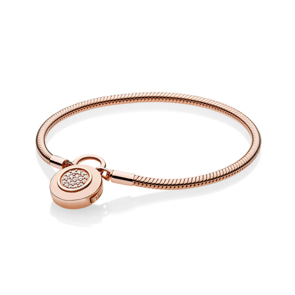 

NEW 100% 925 Sterling Silver Classic Logo Charm Lock Smooth Rose Bracelet Signature Padlock Clear CZ DIY Bead Jewelry