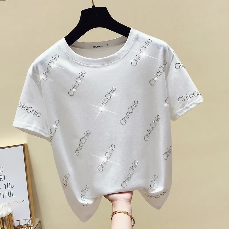 Футболка женская хлопковая с коротким рукавом белая со стразами | Женская одежда