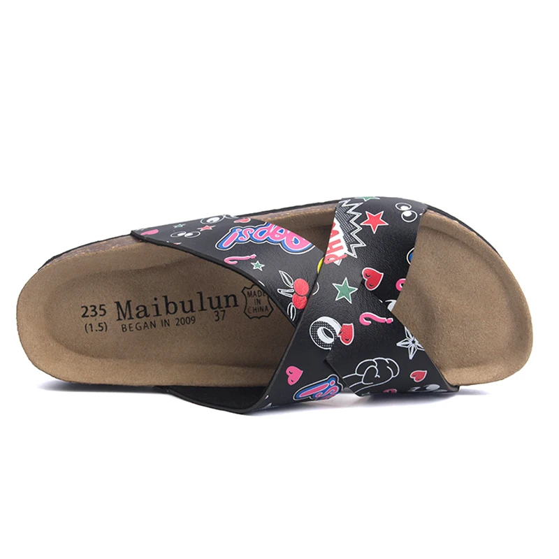 

Summer Couple Cork Slippers Women Bling Cross Band Beach Slides Lady Mixed Color Print Cork Sandals Cartoon Pattern Flip Flops