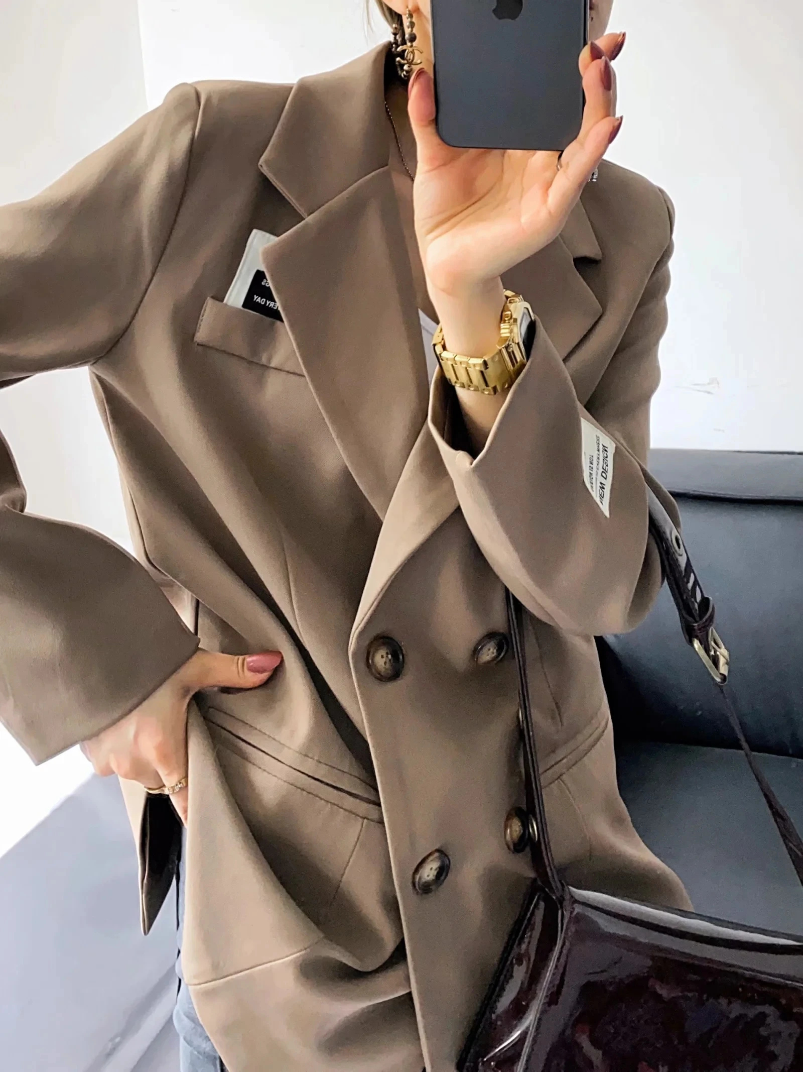 

PPYQYKX Za 2021 fashion spring and autumn new label casual brown suit jacket retro long-sleeved pocket women's chic jacket top