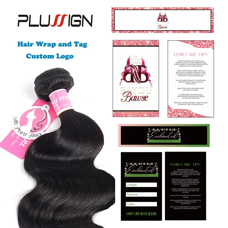 Plussign 500pcs Custom Tag And Wrap For Hair Bundles And Wigs Wig Packaging Tags Personalized Logo Hair Wrap Paper Tag