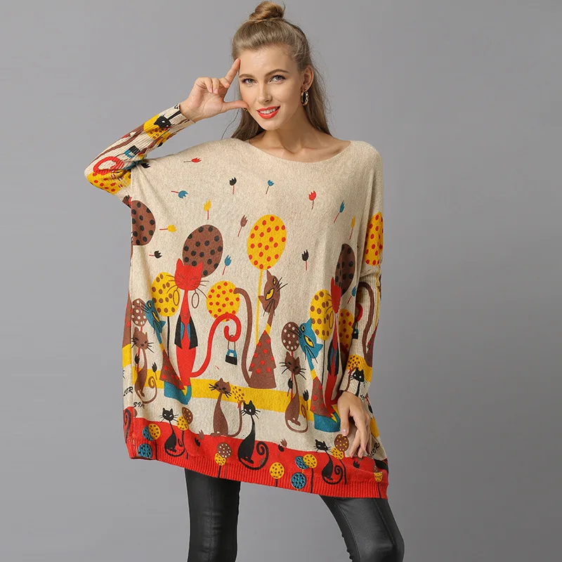 

Women Casual Sweater Knitted Cat Print Loose Slash Neck Knitted Tops Female Spring Bat Shirts Cashmere Pullovers Female Tops