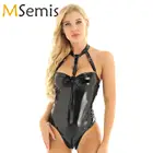 Комбинезон женский кожаный на молнии, с открытой спиной, стринги с открытой промежностью