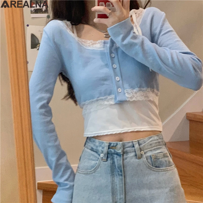 

tops women 2021 Summer long Sleeve Crop Top Female Shirts two piece set women T-shirt lace sexy Slim Cardigan tees 2 piece set