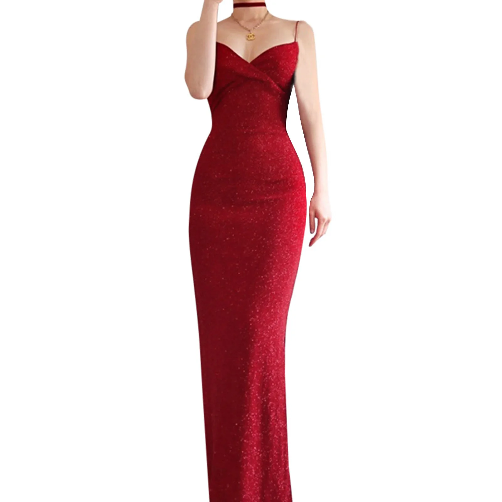 

Женское соблазнительное облегающее платье с разрезом, красное платье без рукавов на бретелях-спагетти с глубоким V-образным вырезом для веч...