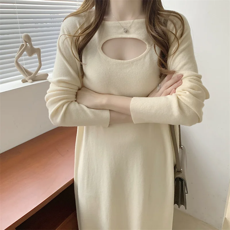 

LUKAXSIKAX 2021 New Autumn Winter Women Sweater Base Dress Sexy Hollow Out Solid Color Loose Knitted Long Dress