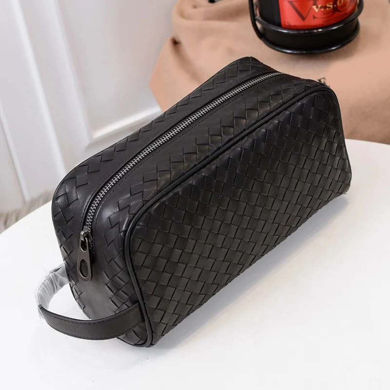 

New High Quality Luxury Men Cowskin Woven Clutch Wallet Casual Male Cowhide Genuine Leather Large Capacity Designer Purse Bag