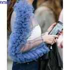 Пыльно-синий тюль с оборками с длинным рукавом Топы рубашка короткая блузка прозрачная Повседневная Блузка Модный женский топ на заказ